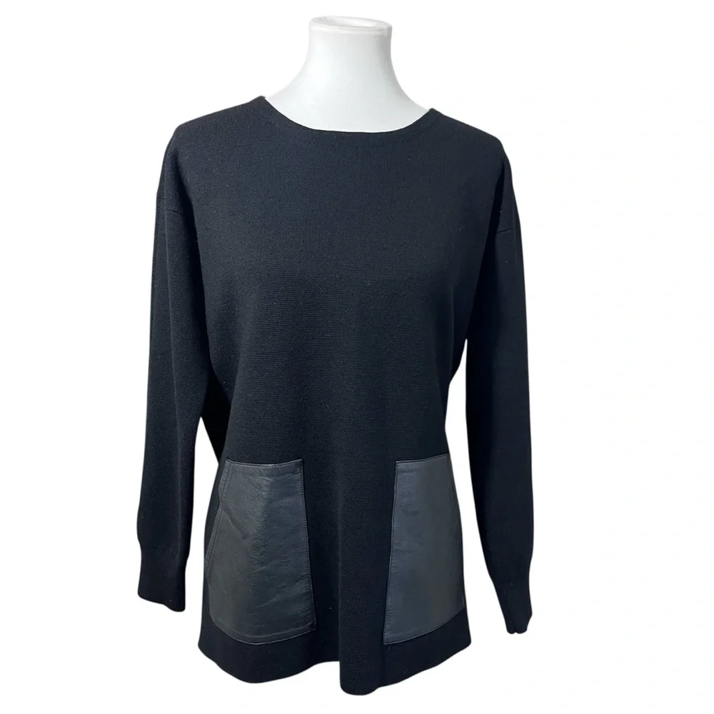 J. Crew Merino Wool Sweater Womens Medium Black Crewneck Leather Pockets
